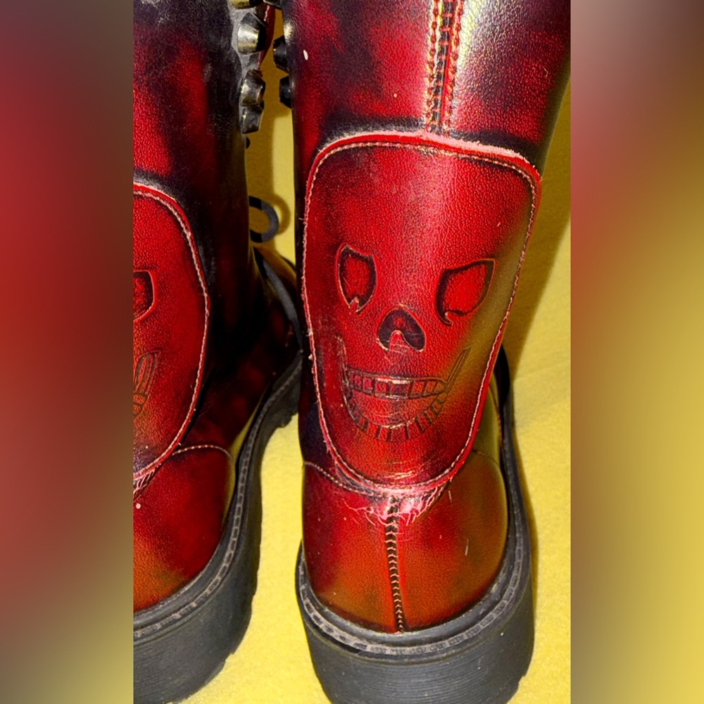Red Leather Combat Boots - Women's Lace-Up Ankle Boot - Picture 7 of 9